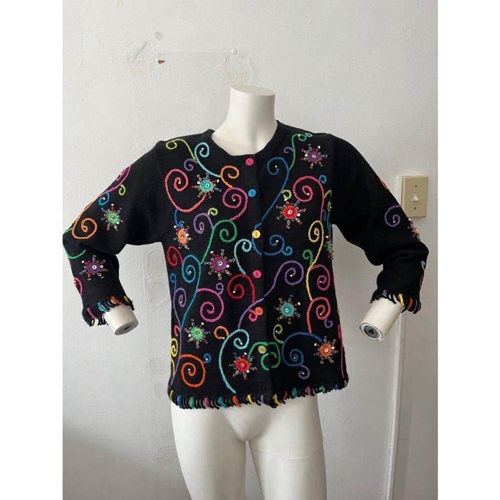 Jane's Closet Black Cardigan Sz S Beaded Groovy Funky Artsy Teachercore Colorful
